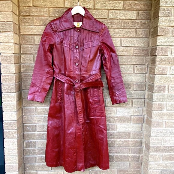 Vintage 70’s Long Leather Trench Coat Penny Lane Oxblood Belted Maxi Boho Jacket - Picture 3 of 17